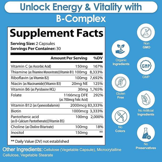 Vitamin B Complex with Vitamin C - B Complex Vitamins for Men and Women, 11-in-1 B-Complex for Brain & Energy Support, Immune & Nervous System Support - Non-GMO, 60 Vegetarian Capsules
