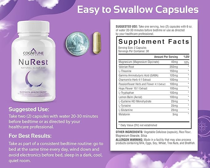 CogniTune Natural Sleep Supplement - Non Habit Forming Sleeping Pills, Non Drowsy Herbal Sleep Aid Formula w/Melatonin, Valerian Root, Lemon Balm, Chamomile, GABA, L-Theanine, Magnesium, Amino Acids