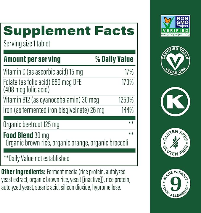 MegaFood Blood Builder Iron Supplement Clinically Shown to Increase Iron Levels Without Side Effects, Vegan Supplement For Women with Vitamin C, Vitamin B12 & Folic Acid, 180 Tablets