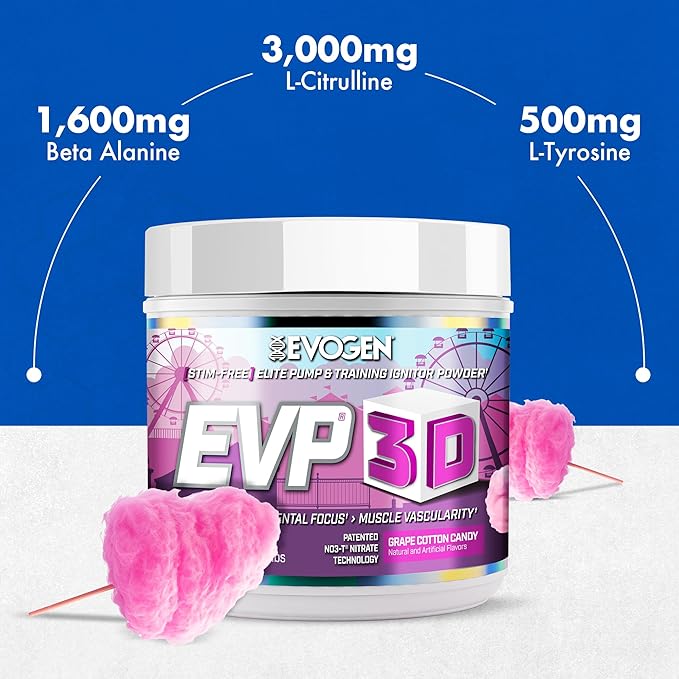 Evogen EVP-3D | Extreme Pre-Workout Pump Ignitor, Arginine Nitrate, Citrulline, Beta-Alanine, Lions Mane (Grape Cotton Candy)