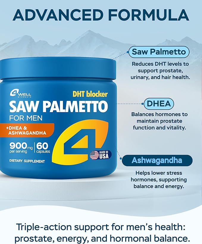 Improved Complex Saw Palmetto for Men & Prostate Health Supplements for Men - Advanced Formula Saw Palmetto Extract w/ DHEA & Ashwagandha 900mg - DHT Blocker for Hair Support - Prostate Supplements