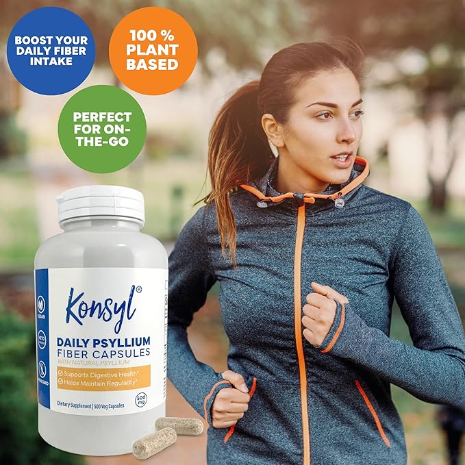 Konsyl Daily Psyllium Fiber Capsules - Contains 1500mg of All-Natural Psyllium Husk Powder per Serving - Supports Digestive Health and Weight Management Goals+ (500 Count (Pack of 1), Unflavored)