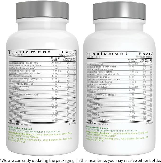 Igennus Methylated Prenatal Multivitamin for Women, Folate for MTHFR, High Absorption, Clean Label, Gentle Iron, Choline, Calcium & Magnesium, Vegan Pregnancy Vitamins, Halal, Non-GMO, 60 Tablets x6