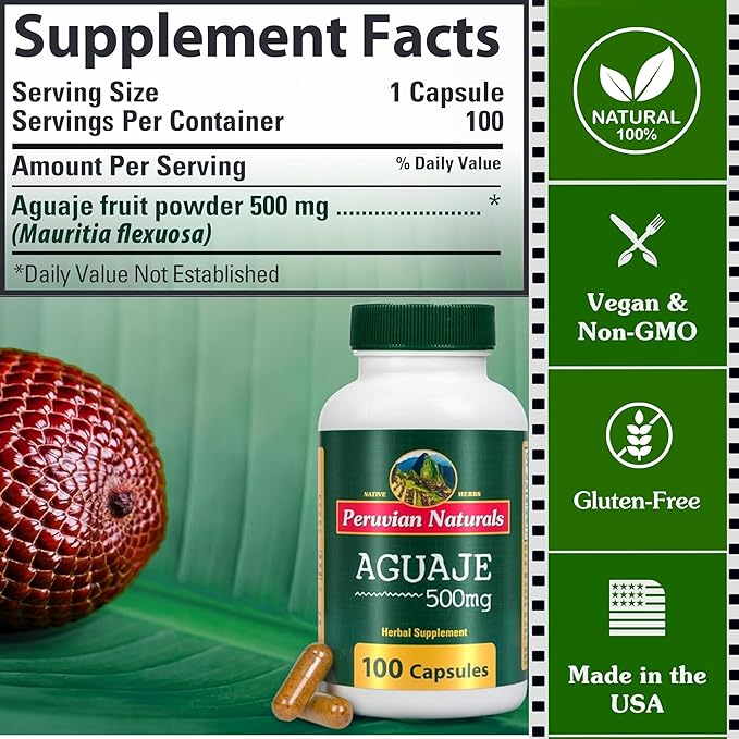 Aguaje Capsules for Women 100 Pills - Natural Curves for Female Health Supplement, Powerful Hormone Balance, Buriti Fruit, Non-GMO, Vegan - Peruvian Naturals