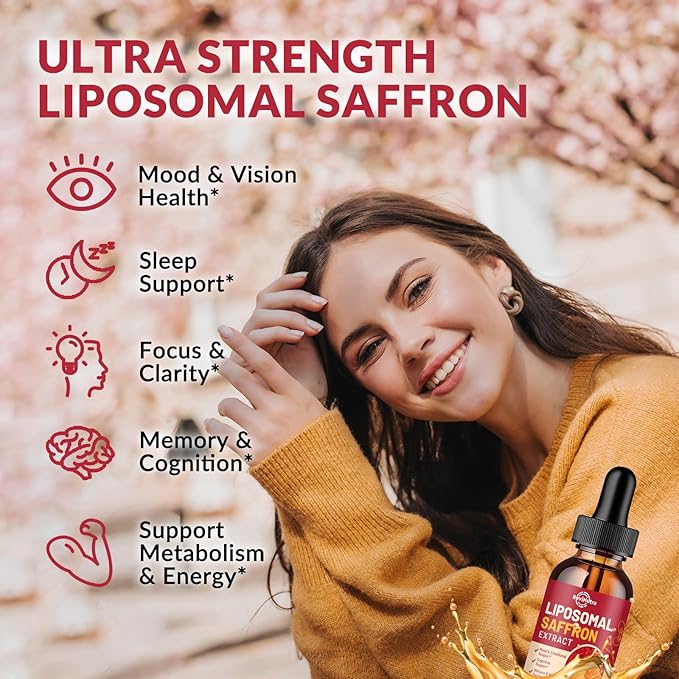 Saffron Supplements - 88.5mg Saffron Extract Liposomal Liquid Drops with Magnesium, Zinc, Ashwagandha, L-Theanine, Vitamin B6, D3 for Antioxidant Mood Energy Vision & Focus, Strawberry Flavor 2 Fl Oz