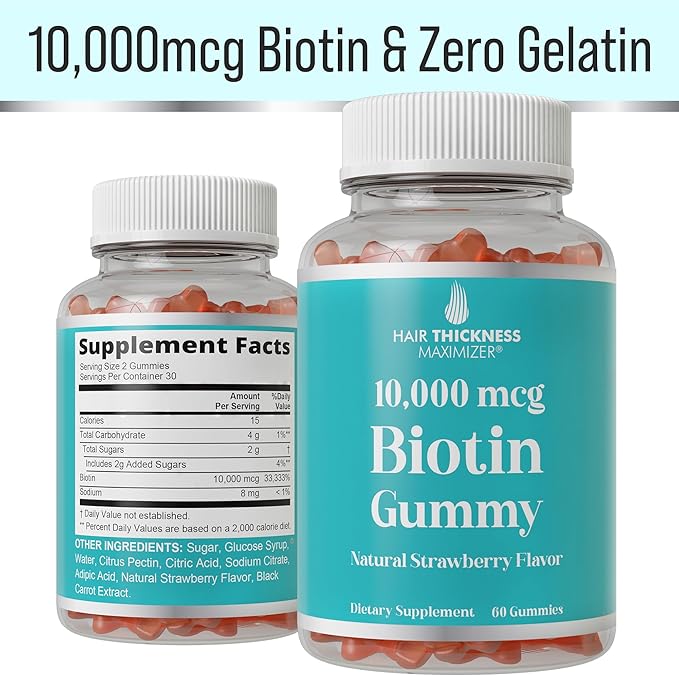 Ultra High Strength Biotin Gummies for Hair Growth for Women and Men. Gelatin Free, Vegan Biotin 10000mcg Chewables for Stronger Hair Skin and Nails. Great Tasting Strawberry Flavored Gummy