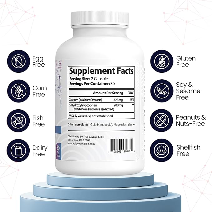 5-HTP - 200mg 5HTP Supplement (5-Hydroxytryptophan) to Support Mood Plus Sleep*, Stress Relief*, 60 Capsules - 30 Day Supply, Made in USA