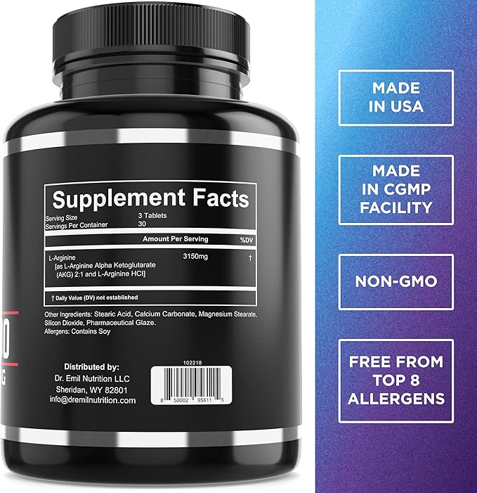 Dr. Emil - L Arginine (3150mg) Highest Capsule Dose - Nitric Oxide Supplement for Vascularity, Endurance and Heart Health (AAKG and HCL) - 90 Tablets