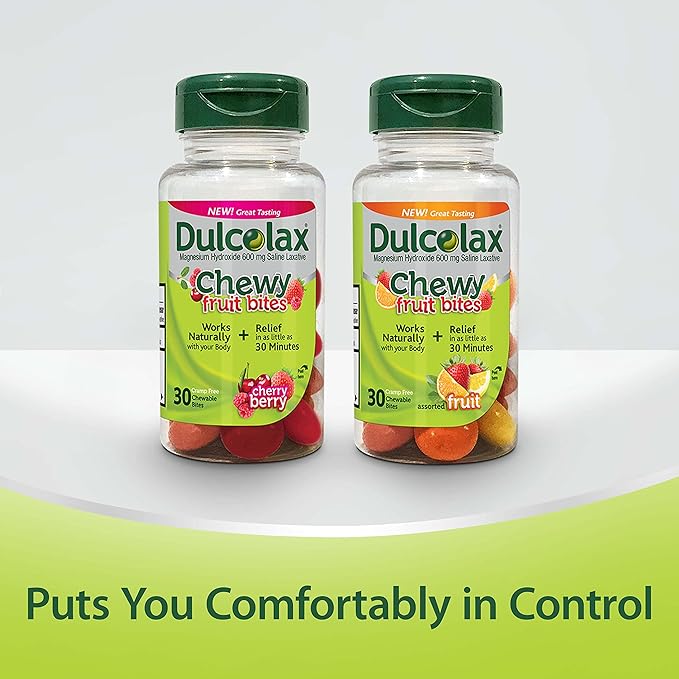 Dulcolax Chewy Fruit Bites, Saline Laxative, Cherry Berry (30ct) Cramp-Free Constipation Relief (Pack of 2)