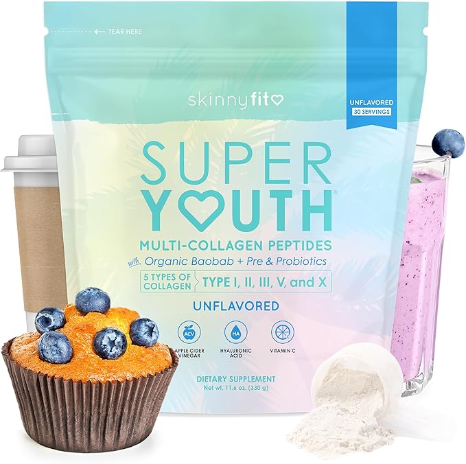 SkinnyFit - Super Youth, Unflavored (30 Servings) - Multi Collagen Peptides Powder - Probiotics, Fiber, Hyaluronic Acid - Collagen for Women - Non GMO, Gluten Free, Sugar Free - Beauty & Self Care