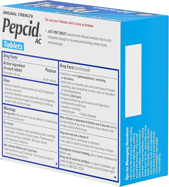 Pepcid AC Original Strength Heartburn Relief Tablets, OTC Medicine Prevents & Relieves Heartburn Due to Acid Indigestion & Sour Stomach, 10mg Famotidine Acid Reducer, Fast-Acting, 30 ct