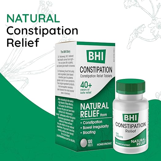 BHI Constipation Relief Natural Safe Targeted Homeopathic Active Ingredients Relieve Bloat Discomfort, Bowel Back-Up & Irregularity for Women & Men - 100 Tablets