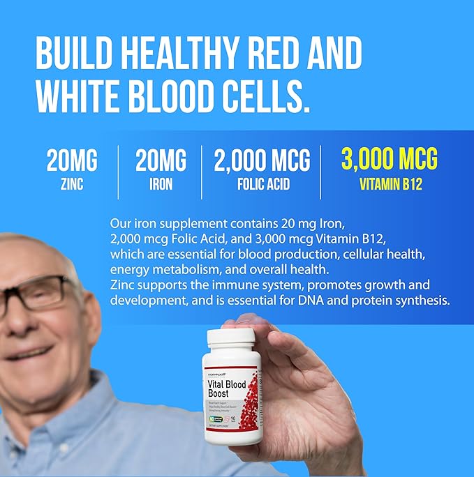 Vital Blood Boost - Dietary Supplement for White and Red Blood Cell Support - Iron with Selenium, Zinc, Vitamin B12 & Folic Acid - 90 Tablets x 3 Bottles, 270 Day Supply