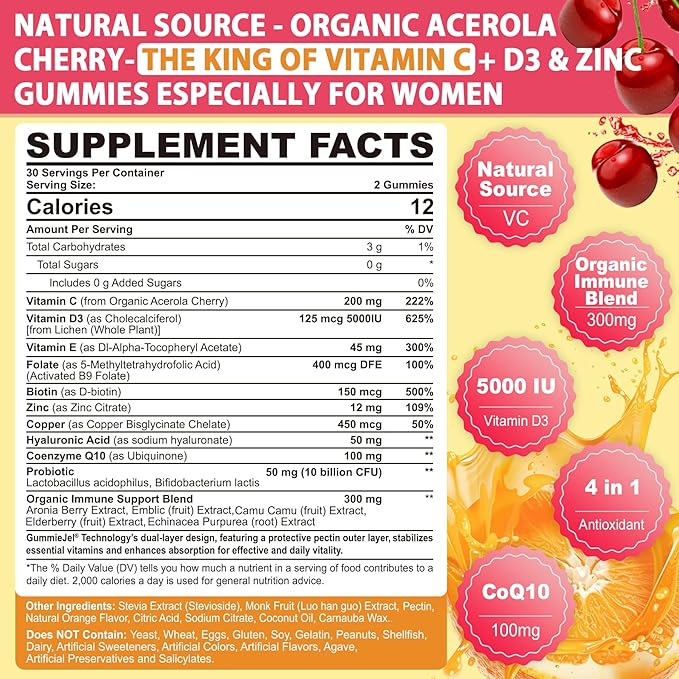 Vitamin C D3 5000IU Zinc Gummies Tailored for Women, Elderberry, Echinacea for Immune, Folate, Hyaluronic Acid, Copper, Vit E for Beauty, CoQ10 for Energy, Overall Health, Sugar Free,Chewable, Natural