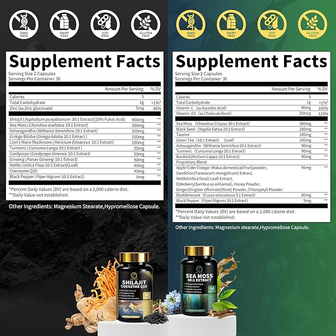 Shilajit for Men, Sea Moss and Shilajit Bundle, All in 1 Supplements with Coenzyme Q10, Black Seed, Ashwagandha, Taurine, Burdock for Energy, Endurance, Antioxidant & Immune Support, 120 Capsules