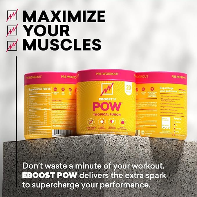 EBOOST POW Natural Pre Workout Powder – 20 Servings - Tropical Punch - A Pre Workout Supplement for Performance, Joint Mobility Support, Energy, Focus - Men & Women - Non-GMO, Gluten-Free, No Creatine
