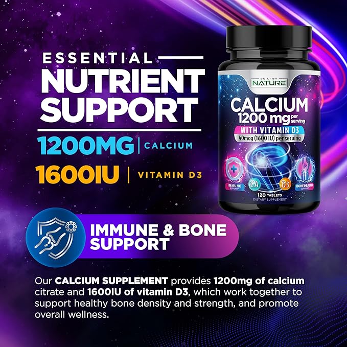 Calcium 1200mg with Vitamin D3 for Best Absorption - Advanced Bone Support Supplement, 1200 mg Calcium Carbonate & 1600 IU Vitamin D3, Slow Release for Immune Support, Easy to Swallow, 120 Tablets