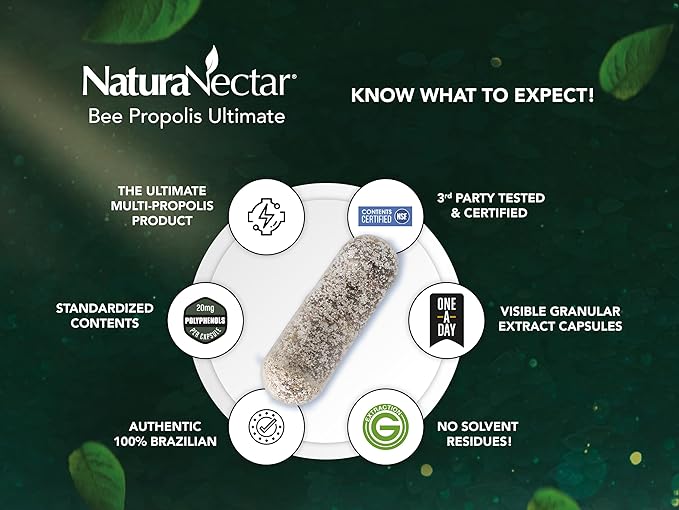 NaturaNectar - Ultimate Bee Propolis Capsules - NSF Contents Certified -Brazilian Red, Brown, & Green - Gluten-Free Supplement with Flavonoids - Naturally Sourced Through Ethical Beekeeping (60pcs.)