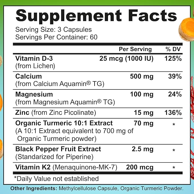 Plant-Based Calcium 500mg (Aquamin) – Vegan Calcium Magnesium Zinc D3 with Vitamin K2 & Organic Turmeric – Enhanced Bone and Muscle Health & Strength, Immune Support for Women & Men - 180 Count