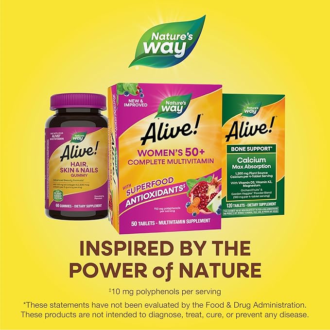 Nature's Way Alive! Women's 50+ Complete Multivitamin, Supports Healthy Heart, Brain, Bones*, Superfood Antioxidants(1), B-Vitamins, Gluten-Free, 50 Tablets (Packaging May Vary)