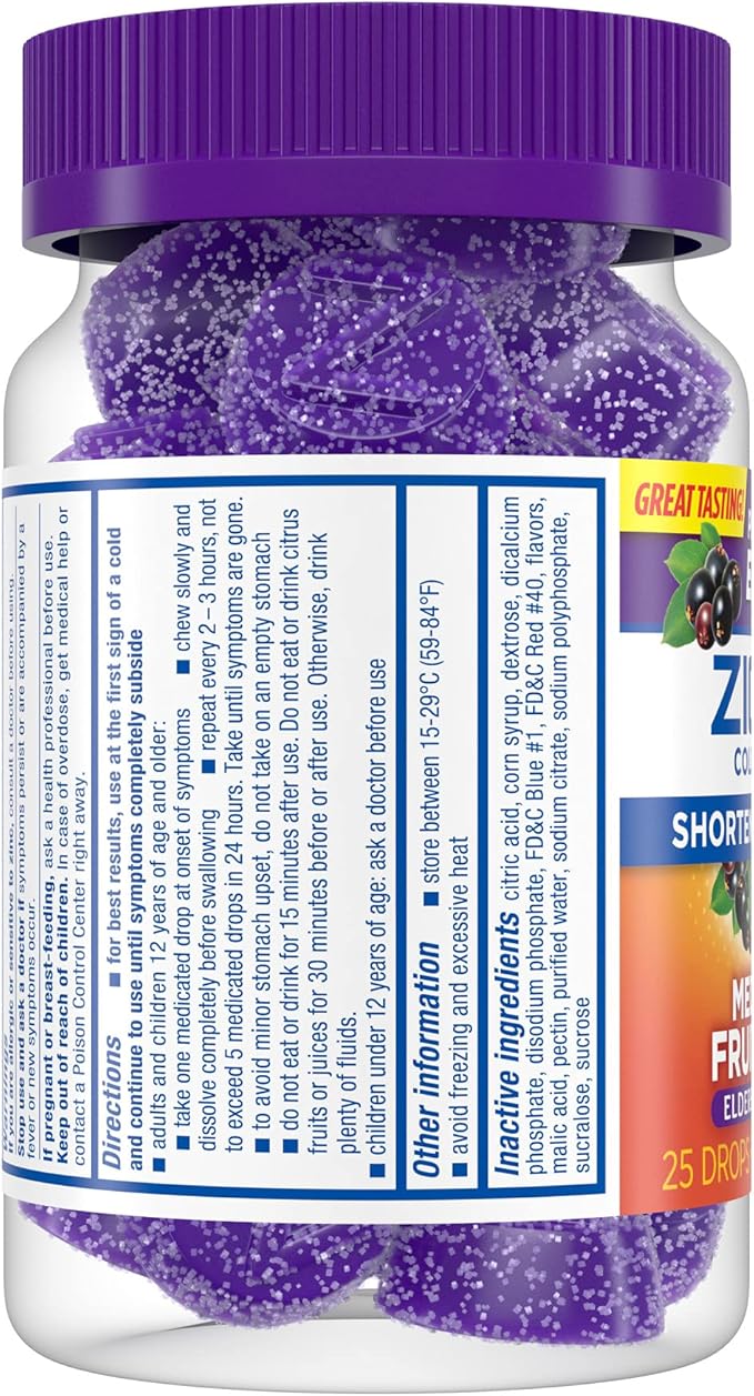 Zicam Cold Remedy Zinc Medicated Fruit Drops, Elderberry, 25 Count (Pack of 2)
