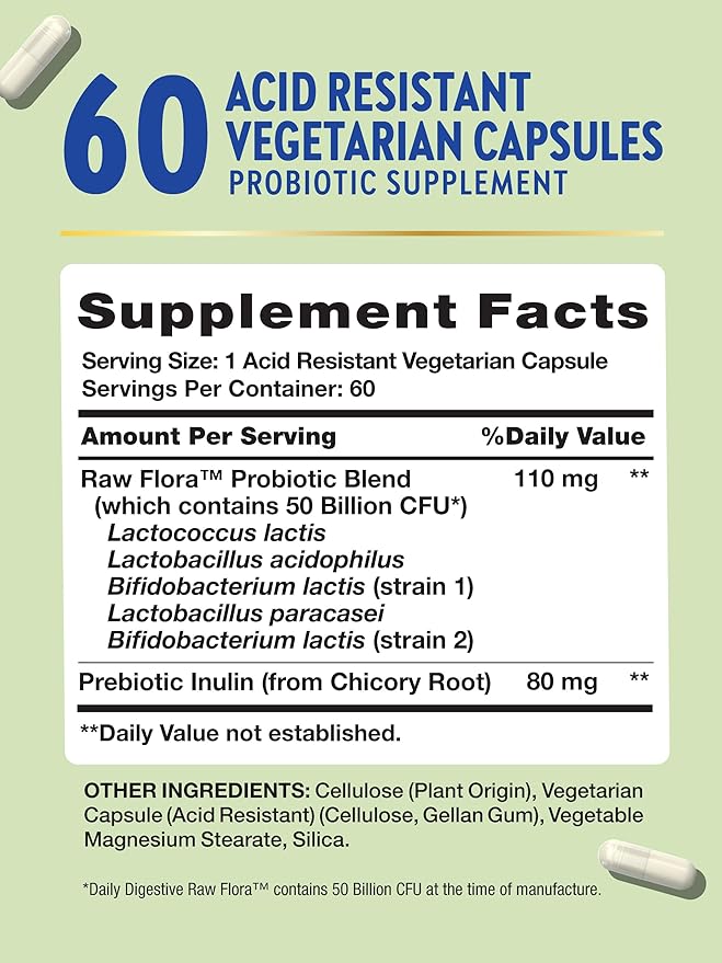 Raw Flora Probiotic with Prebiotics | 50 Billion CFU | Daily Digestive Capsules | Vegetarian & Gluten Free Supplement for Men and Women | by Nature's Truth