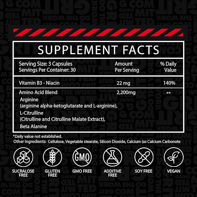 Gains in Bulk L Arginine Amino Acids Supplement for Nitric Oxide Support, Supplements for Men with L-Arginine, L Citrulline and L Ornithine, Muscle Pump, Energy and Heart Health Support, 90 Capsules