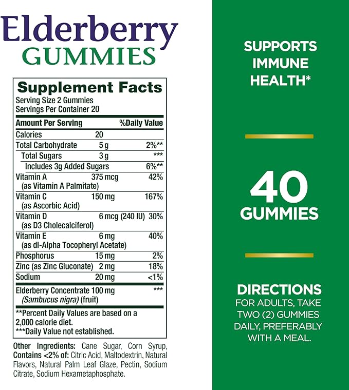 Nature's Bounty Elderberry Gummies, Immune Support, Contains Vitamin A, C, D, E and Zinc, 40 Gummies