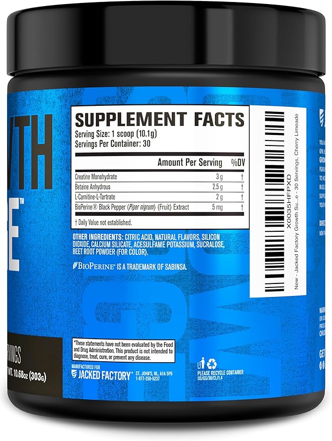 Jacked Factory Growth Surge Creatine Post Workout w/L-Carnitine - Daily Muscle Builder & Recovery Supplement with Creatine Monohydrate, Betaine, L-Carnitine L-Tartrate - 30 Servings, Cherry Limeade