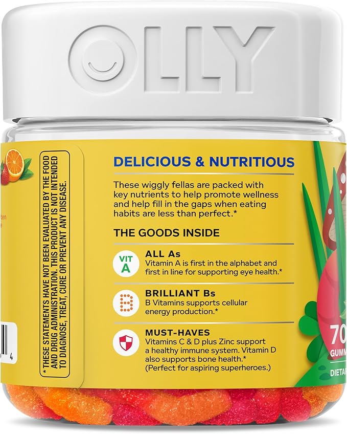 OLLY Kids Multivitamin Gummy Worms, Overall Health and Immune Support, Vitamins and Minerals A, C, D, E, Bs and Zinc, Chewable Supplement, Sour Fruit Punch, 45 Day Supply (70 Count)