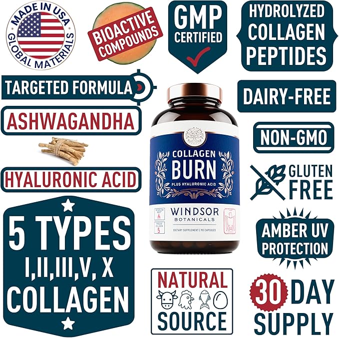 Thermogenic Multi Collagen Burn Capsules - Hydrating Hyaluronic Acid, Marine Collagen Supplements for Women and Men & Vitamin C - Hydrolyzed Collagen Complex 5 Types- 2-Pack, 180 Pills