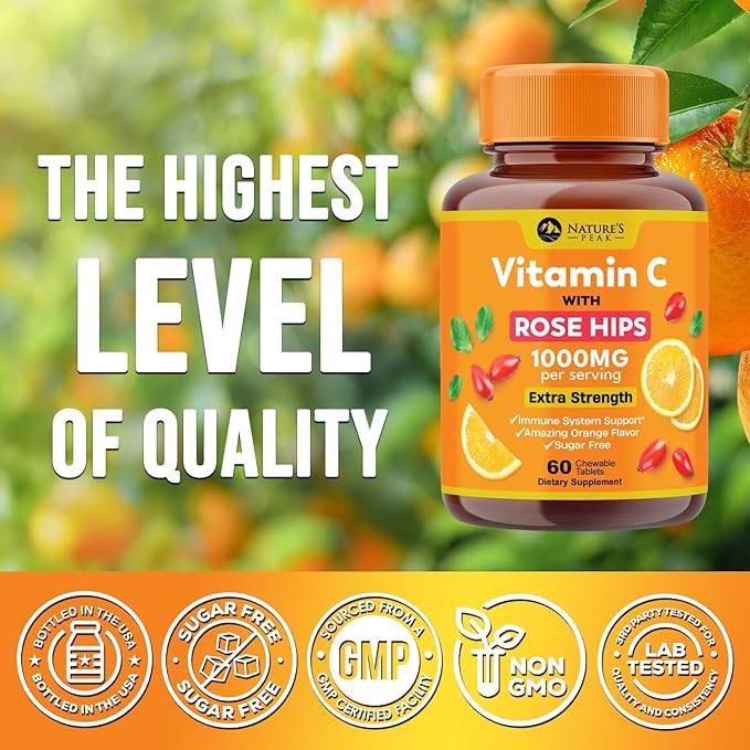 Vitamin C 1000mg Supplement - Extra Strength Chewable Immune Support Vitamin C Dietary Supplement with Rose HIPS, Nature's VitaminC Antioxidant Support, Natural, Vegan, Orange Flavor - 60 Tablets