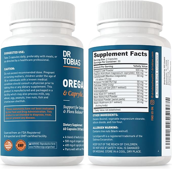 Dr. Tobias Oregano and Caprylic Acid Blend, Gut Flora Balance Complex with Probiotics & Enzymes for Intestinal and Immune Support, Gut Health Supplements for Women & Men, 60 Capsules, 30 Servings