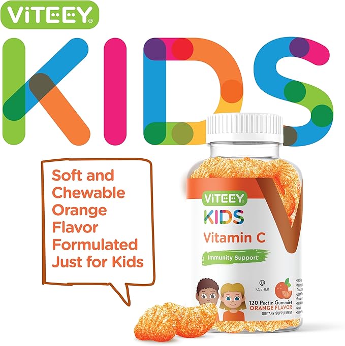 Kids Vitamin C Gummies - Immune Support for Kids, Toddlers, & Teens - Vegan, Gelatin Free, Gluten Free, GMO Free - Tasty Chewable Orange Flavored Immunity Gummy