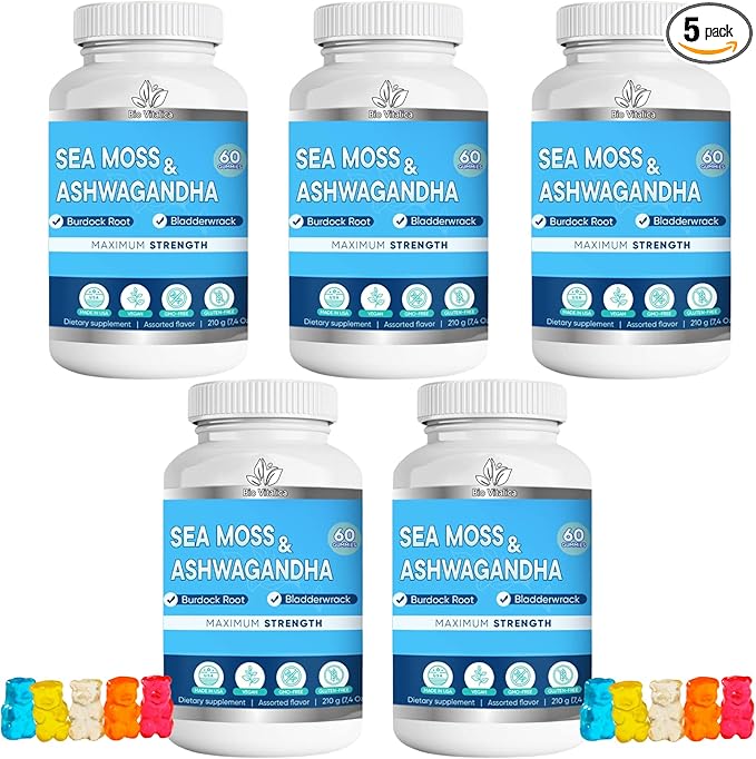 BIO VITALICA Sea Moss Ashwagandha Gummies - Organic Irish Seamoss & Ashwa Root Powder Supplements for Supporting Energy & Immunity for Men and Women - 5 Packs