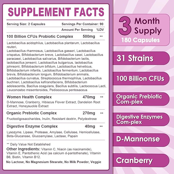 NATURE TARGET Probiotics for Women, 100 Billion CFUs Probiotic with Digestive Enzymes & Prebiotics, Vaginal Probiotics with Cranberry for Urinary Tract Health, pH Balance, 180 Veggie Capsules