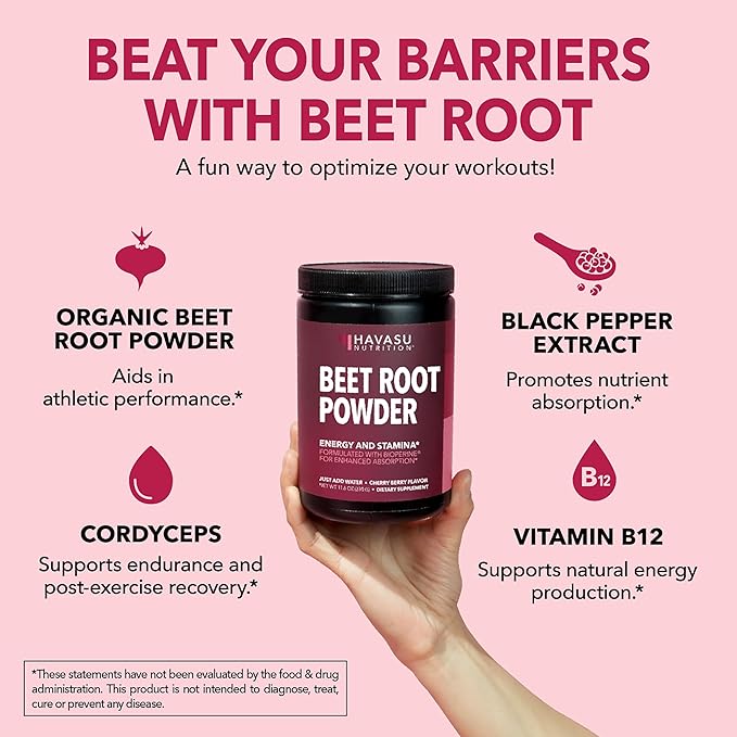 Organic Beet Root Powder with Vitamin B12 & Coryceps - Nitric Oxide Supplement - Beetroot Powder for Energy & Post Workout Recovery - Mix with Water or Smoothies, Cherry Berry Flavor - 30 Servings