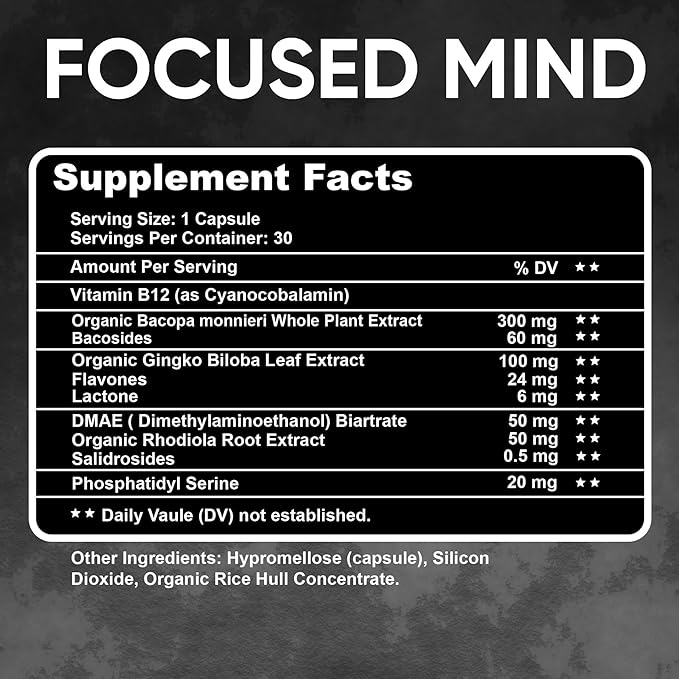 Focused Mind โ Daily Brain Supplement for Memory and Focus Support | Nootropic for Concentration, Mental Clarity, and Brain Energy | Cognitive Supplement for Work, School, or Everyday Demands