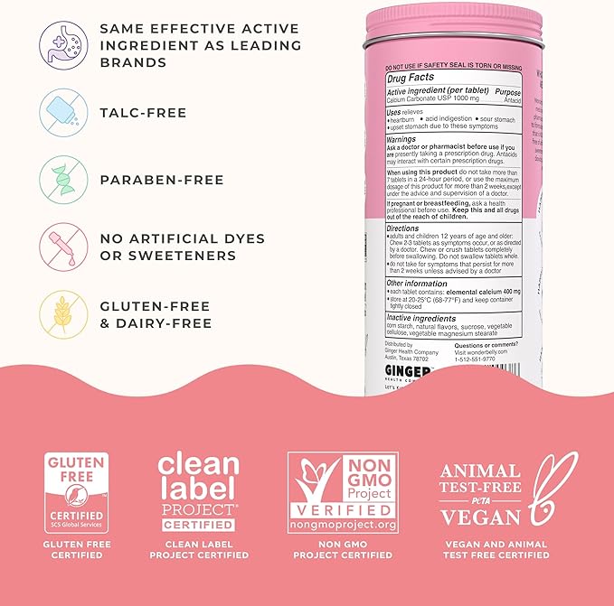 Wonderbelly Antacid, Effective Heartburn and Instant Acid Indigestion Relief, Extra Strength Chewable Tablets, 1000 mg Calcium Carbonate, No Talc or Dye, Strawberry Milkshake, 120 Count