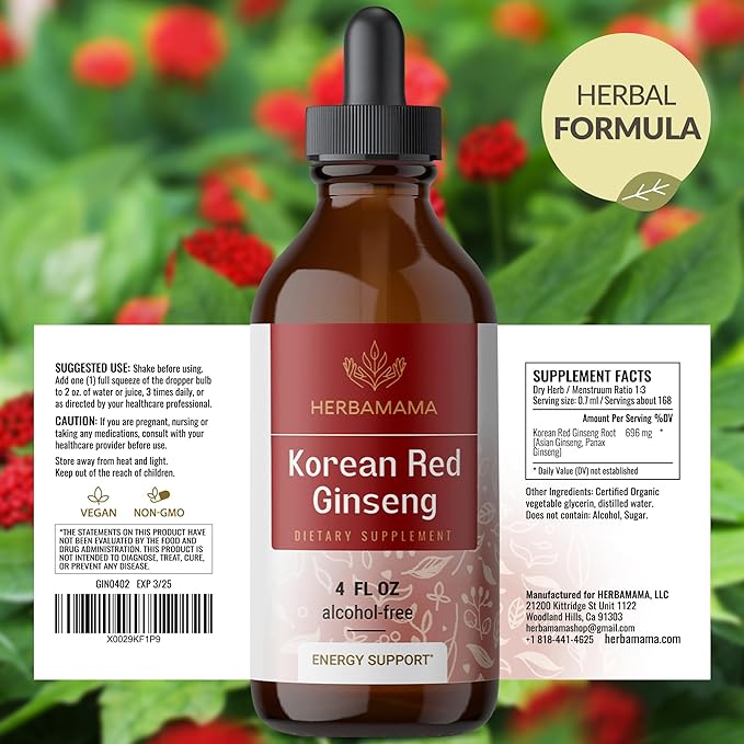 HERBAMAMA Panax Ginseng Root Tincture - Immune & Overall Support with Korean Red Ginseng Supplement - Vegan, Non-GMO, Alcohol & Sugar-Free Herbal Drops, 56-Day Supply