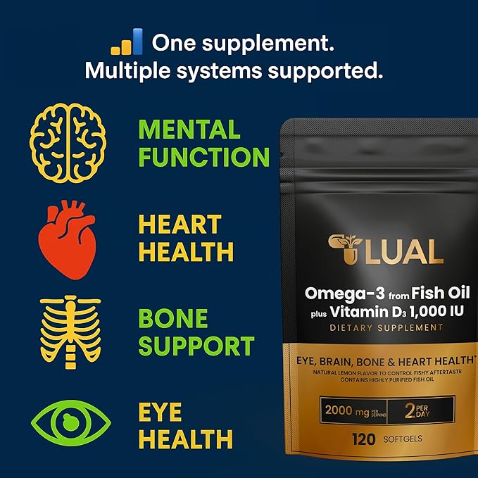 LUAL Omega-3 Fish Oil 2000mg with Vitamin D3 1,000 IU – Supports Eye, Brain, Bone and Heart Health – Lemon Flavor – 120 Softgels