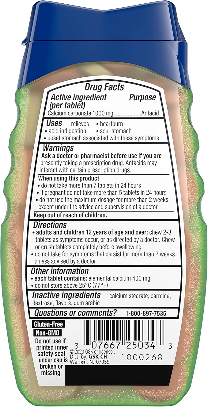 TUMS Naturals Ultra Strength Antacid Chews for Heartburn Relief, Black Cherry & Watermelon - 56 Count (Pack of 2)