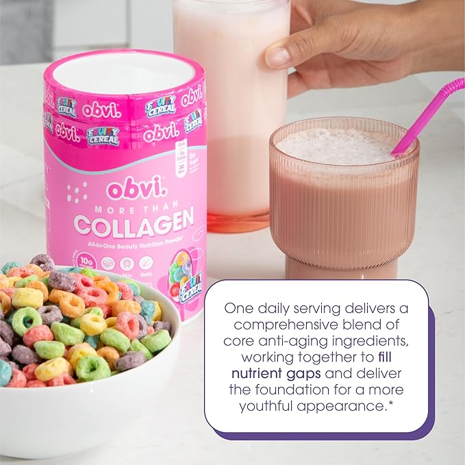 Obvi More Than Collagen Powder | Supports Healthy Hair, Skin, Nails, Joints, Gut | Grass-Fed Multi Collagen Supplement with Hyaluronic Acid, Biotin, Keratin | Fruity Cereal, 30 Servings