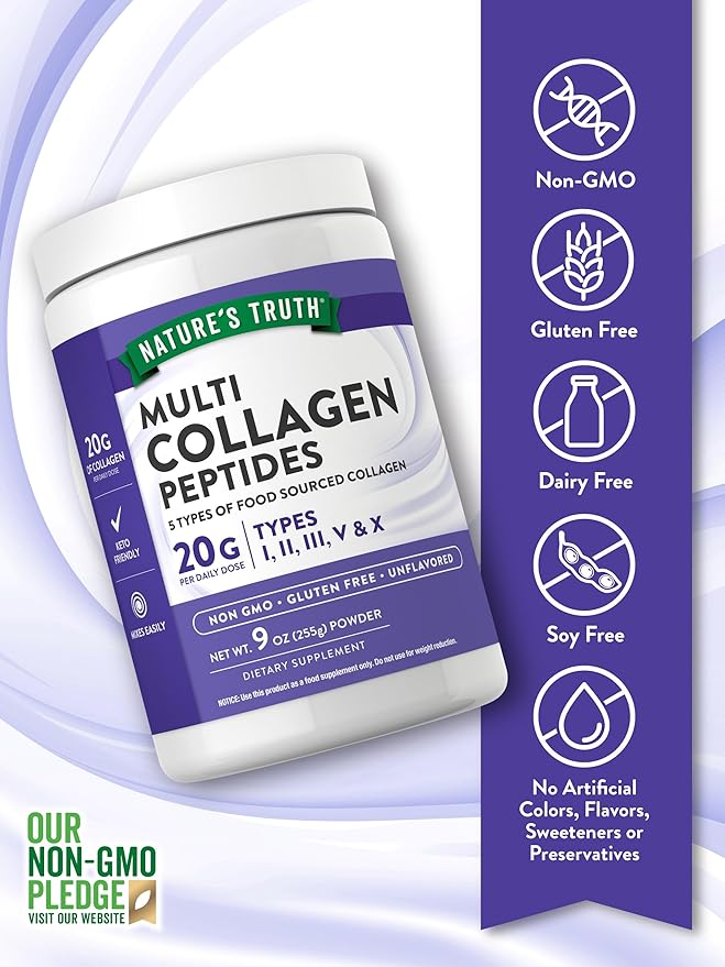Nature's Truth Multi Collagen Peptide Powder | 9 oz | Type I, II, III, V, X | Unflavored | Non-GMO & Gluten Free Supplement