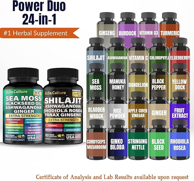 GiDa Culture Shilajit and Sea Moss Combo - Sea Moss and Shilajit Bundle with Ashwagandha, Black Seed, Turmeric, Bladderwrack, Burdock, Black Pepper with Vitamins and Antioxidants - 120 Veggie Capsules