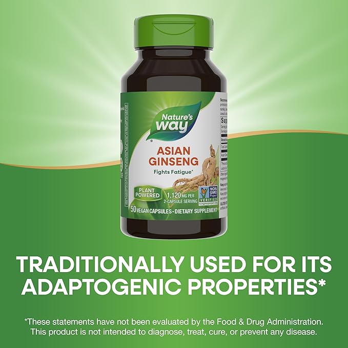 Nature's Way Asian Ginseng, Fights Fatigue*, 1,120mg Per 2-capsule Serving, Non-GMO Project Verified, Vegan, 50 Capsules (Packaging May Vary)