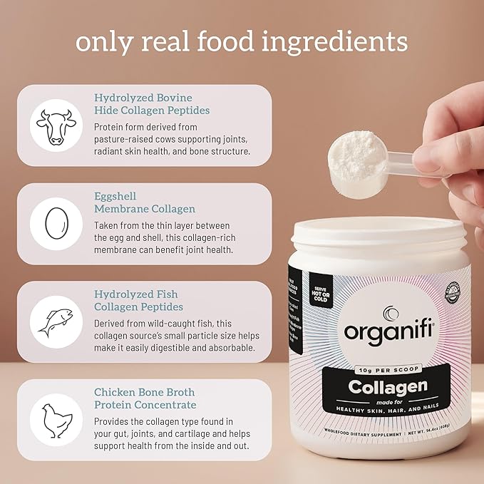 Organifi Unflavored Collagen Powder - Supports Stronger Skin, Nails, and Hair, 30 Servings
