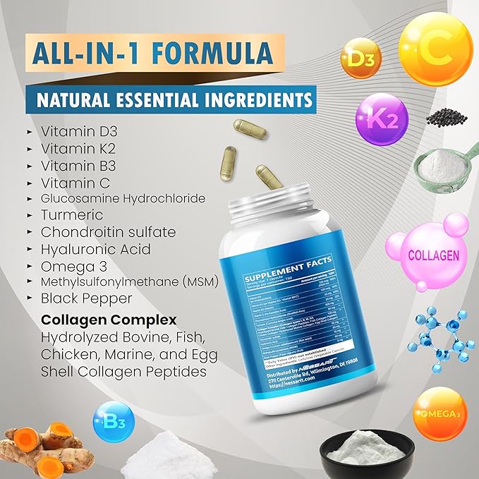 Glucosamine Supplement- 15-in-1 Natural Blend with Chondroitin sulfate Hyaluronic Acid Methylsulfonylmethane Turmeric Ginger Vitamin C, D3-150 Count - Made & Tested in The USA