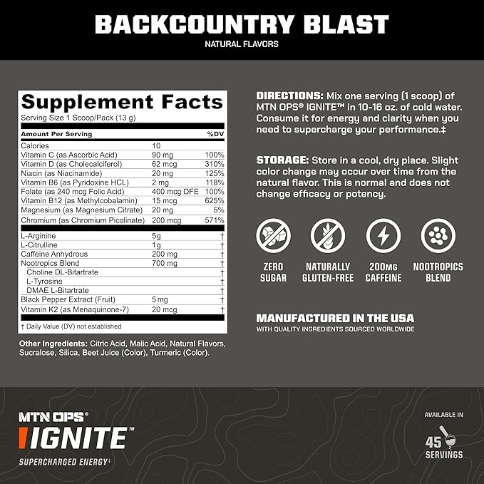 MTN OPS Ignite Energy Drink Powder, Gluten Free Nitric Oxide Supplement Drink Mix, L Arginine, L Citrulline, Caffeine & Nootropic Sugar Free Drink Mix, 45 Servings, Backcountry Blast