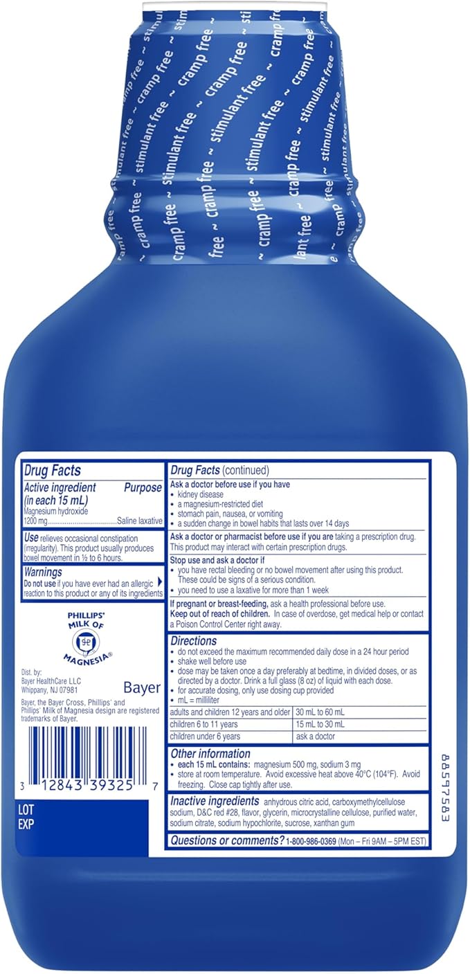 Phillips’ Milk of Magnesia Liquid Laxative, Wild Cherry Flavor, Stimulant Free, Cramp Free Relief of Occasional Constipation*, Effective in 30 minutes - 6 hours, #1 Milk of Magnesia Brand, 26 oz